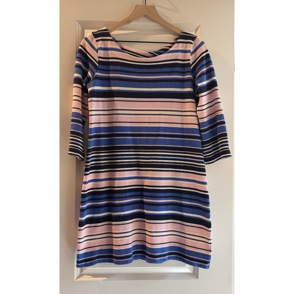 Lilly Pulitzer Dress Pink Blue Striped Textured Knit Twist Back 3/4 Sleeve Sz M